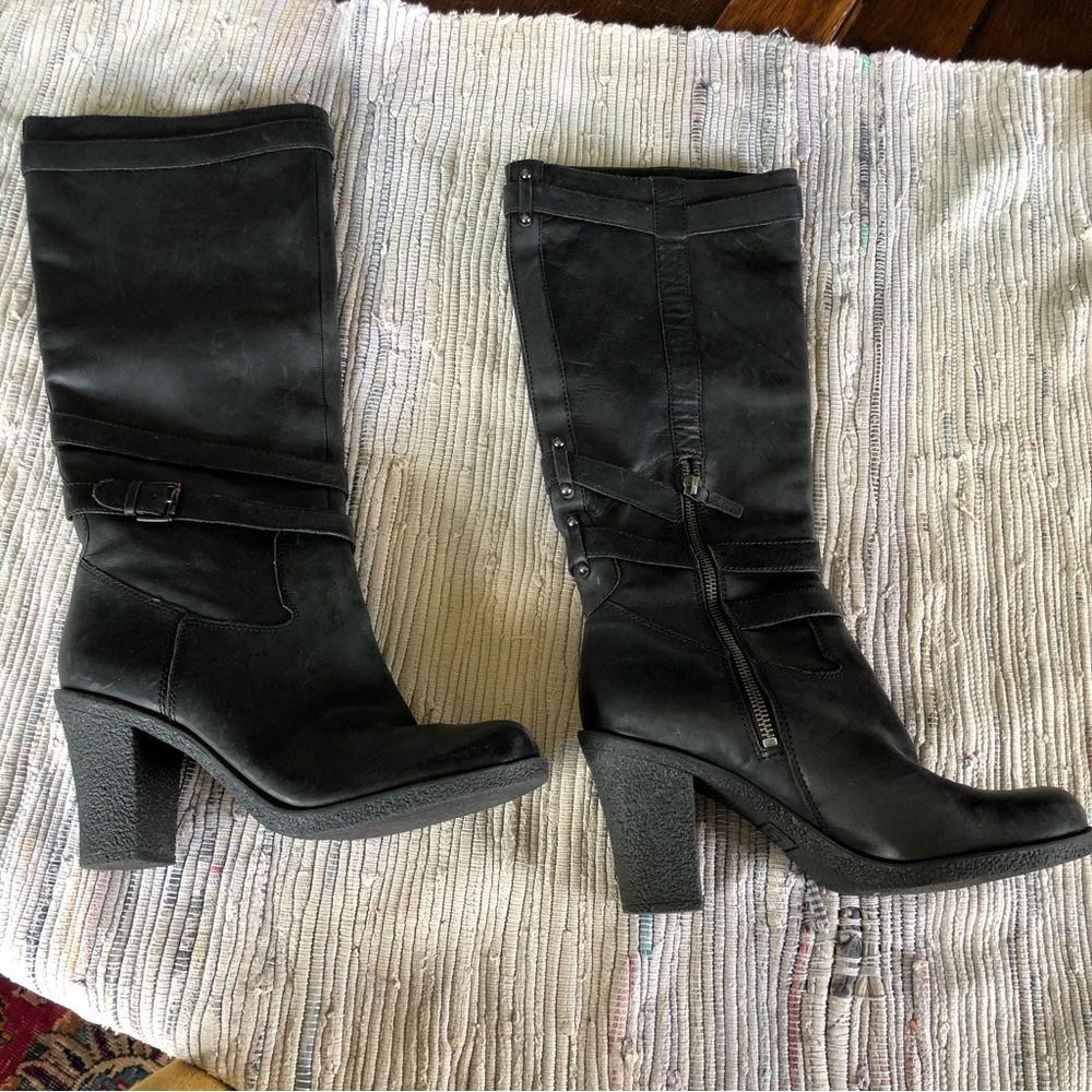 Ann Taylor LOFT Boots Womens 9 Leather Black Block Heel Buckle Knee High